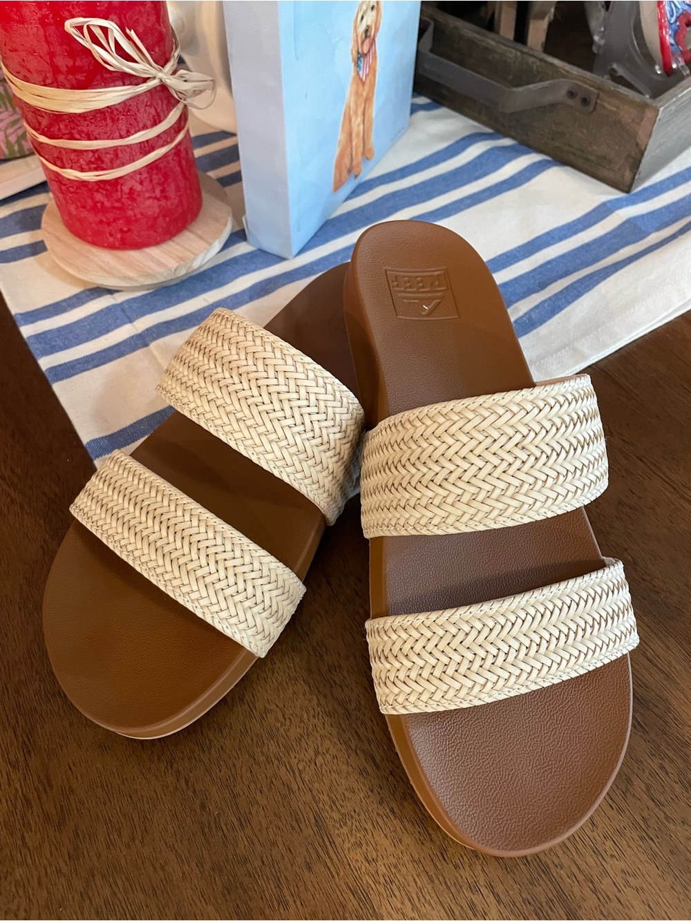 Reef Double-Strap Slide Sandals in Brown and Cream